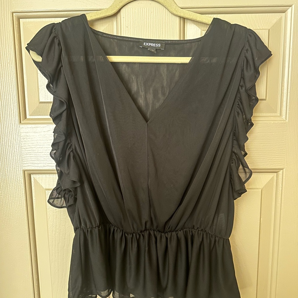 Express Black Ruffle Sleeve V-Neck Blouse